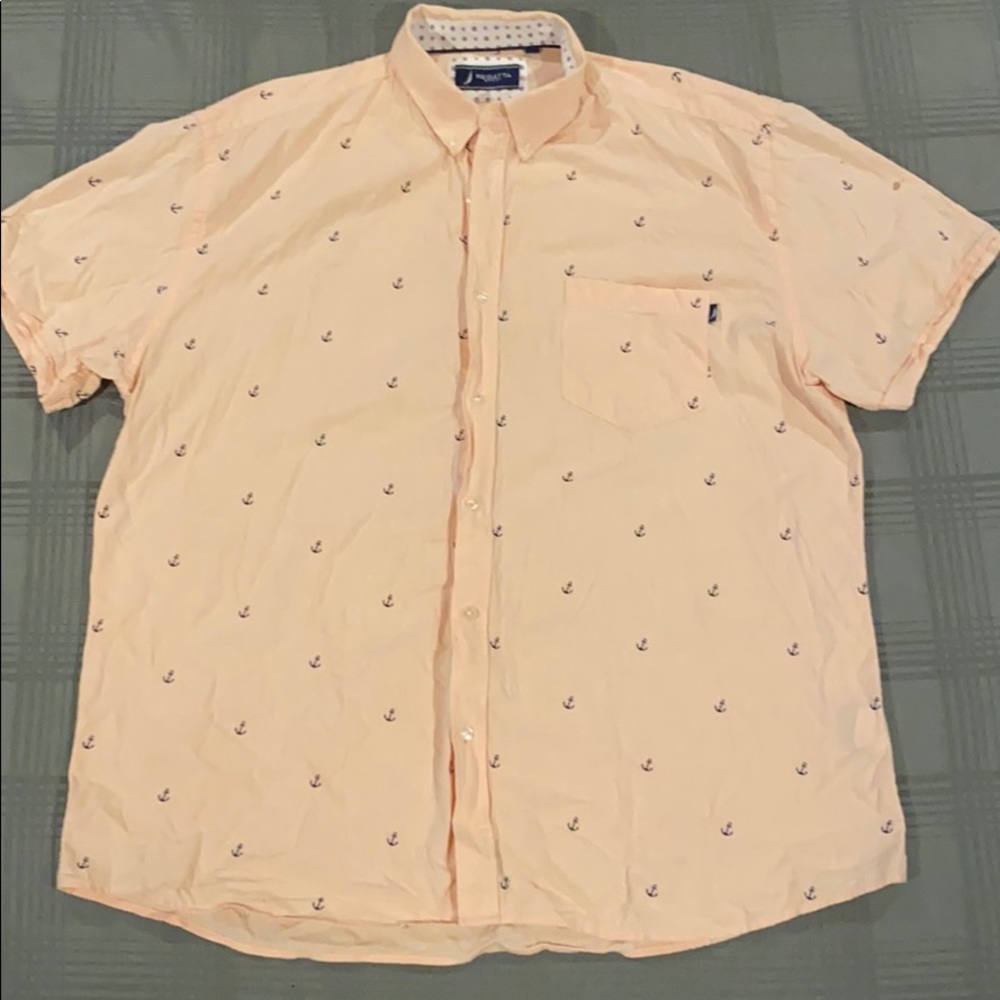 Salmon with Navy Anchors Button Down